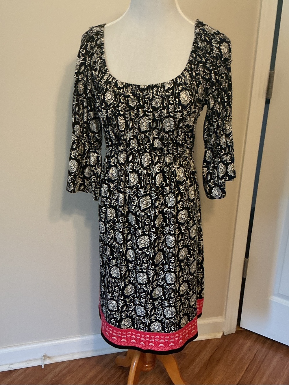 Sophie Max Black & White Floral Midi Dress with Pink Hem